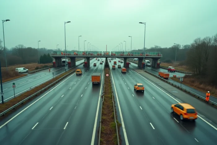 Travaux de démantèlement des infrastructures de péage sur une autoroute française en vue de la gratuité