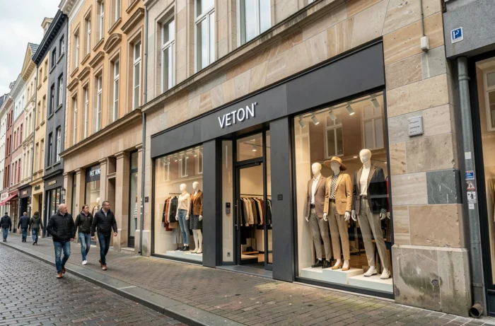 Devanture d'un magasin de mode tendance dans une rue commerçante belge avec des vitrines et des passants