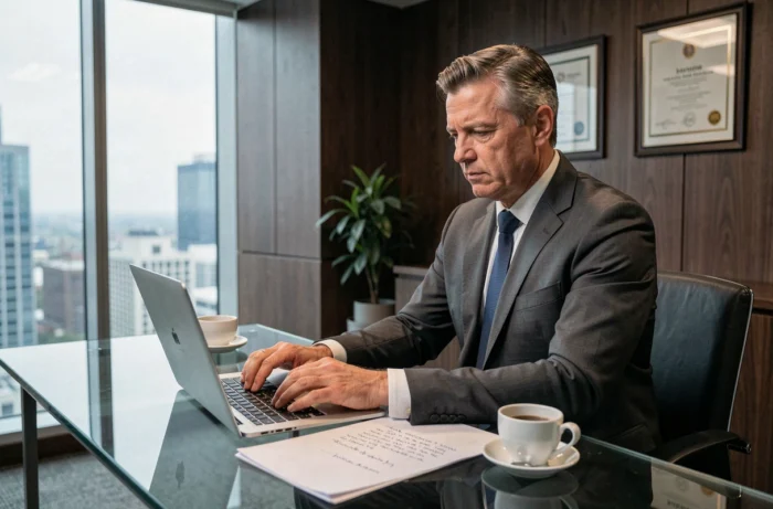 Dirigeant d'entreprise B2B travaillant seul sur sa stratégie numérique dans un bureau exécutif moderne en 2024