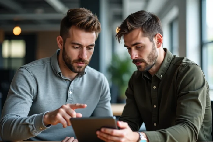 Deux hommes discutant d'avis sur une formation e-commerce devant une tablette dans un espace de coworking