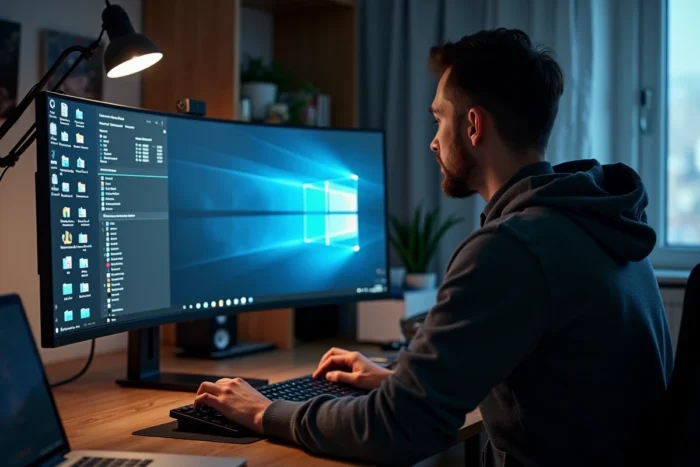 Développeur assis à son bureau étudiant des dossiers cachés sur Windows avec plusieurs fenêtres d'explorateur de fichiers ouvertes