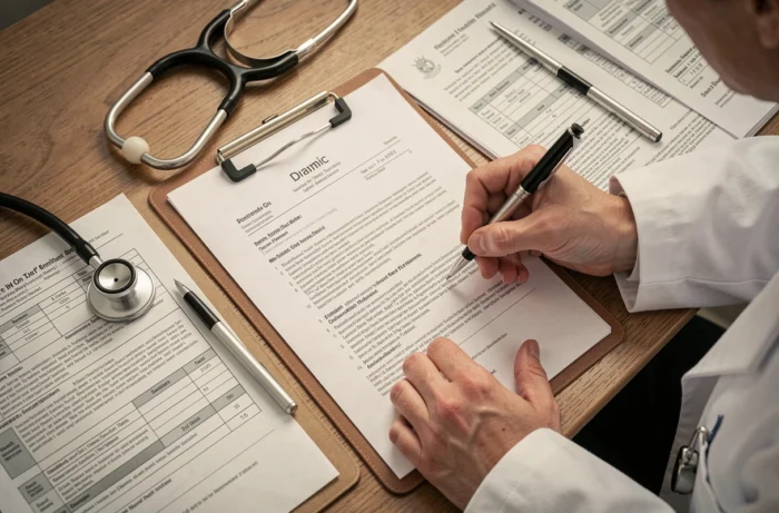 Documents de contrôle médical et stéthoscope sur le bureau d'un médecin contrôleur