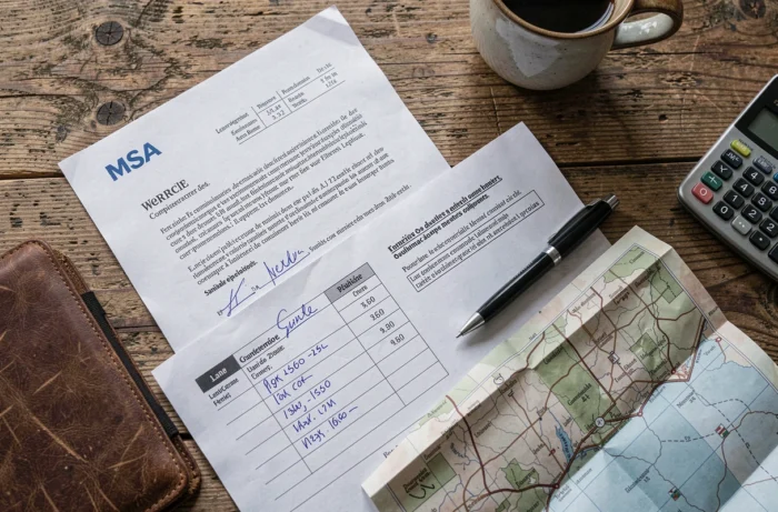 Dossier administratif MSA avec calcul d'hectares, documents de retraite agricole et carte foncière sur un bureau en bois rustique
