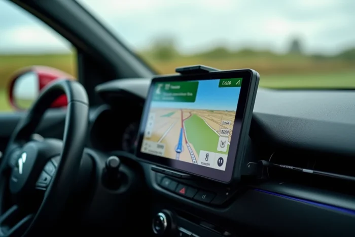 Écran GPS affichant une carte routière française installé sur le tableau de bord d'une Citroën C3 Aircross 2025
