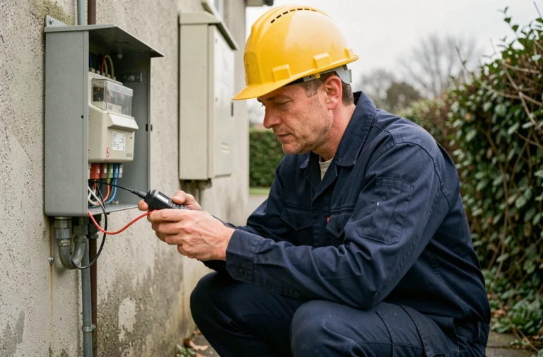 Électricien inspectant un coffret de raccordement électrique extérieur sur une façade résidentielle