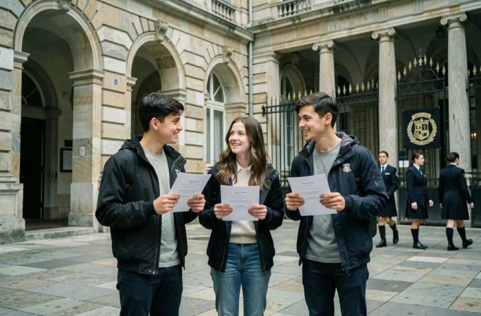 Groupe d'élèves devant l'entrée d'un grand lycée sélectif parisien tenant des lettres d'admission