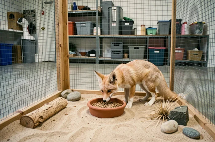 Enclos intérieur aménagé pour un fennec domestique avec substrat sableux et accessoires naturels