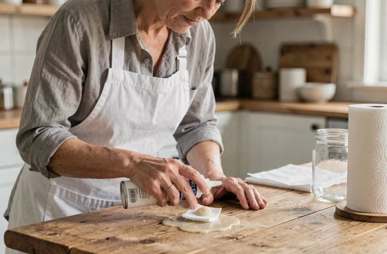Femme appliquant de l'acétone avec un coton sur une tache de colle sur une table en bois