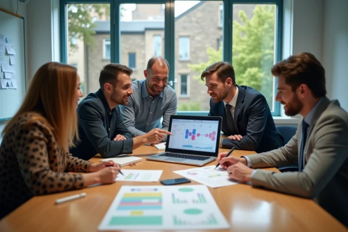 Équipe d'agents de collectivité locale collaborant autour d'une feuille de route numérique pour le déploiement de nouveaux logiciels de services publics