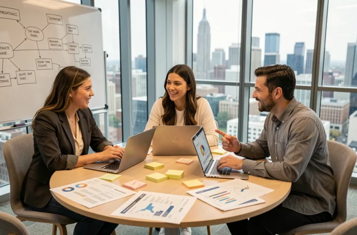 Équipe marketing diversifiée en réunion de brainstorming autour d'une table avec des stratégies de marketing digital pour une entreprise technologique