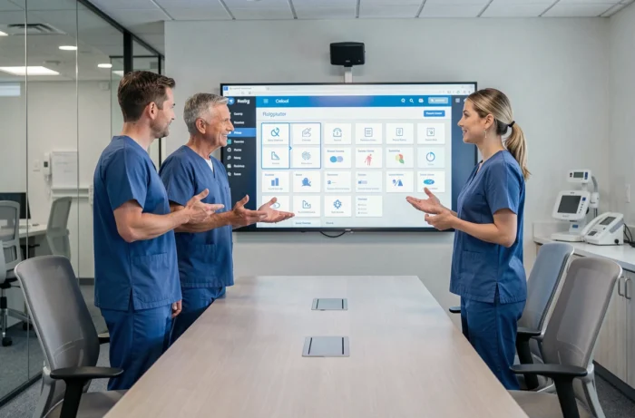 Équipe médicale professionnelle explorant les rubriques et services d'un portail de santé en ligne
