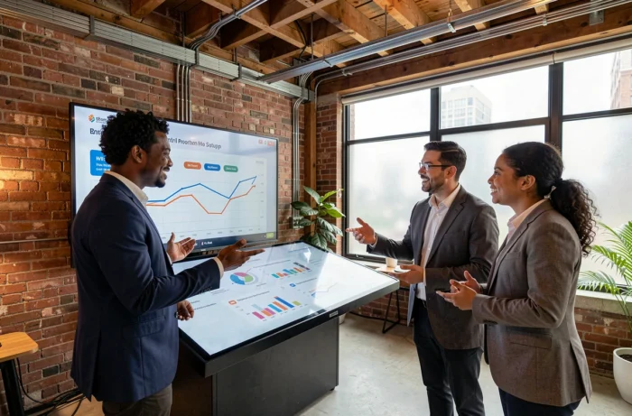 Équipe de professionnels B2B collaborant autour d'un écran interactif avec des graphiques de tendances et d'innovations 2024