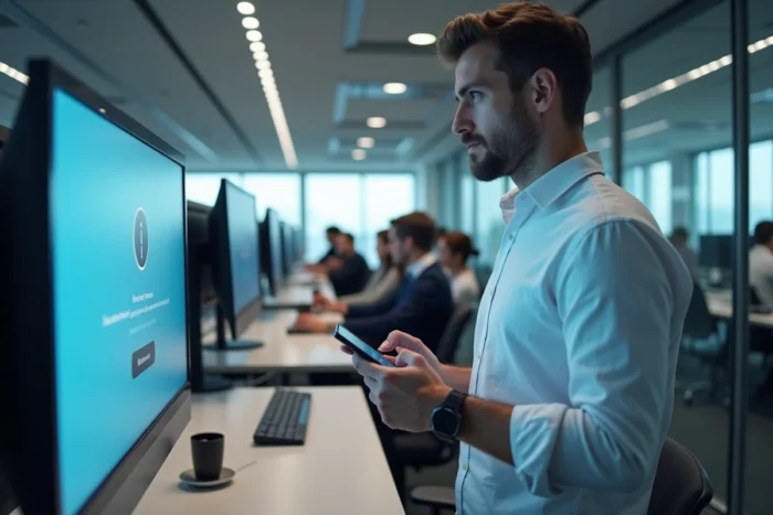 Un professionnel debout dans un open space consultant son smartphone face à un message d'erreur de connexion VPN sur l'intranet