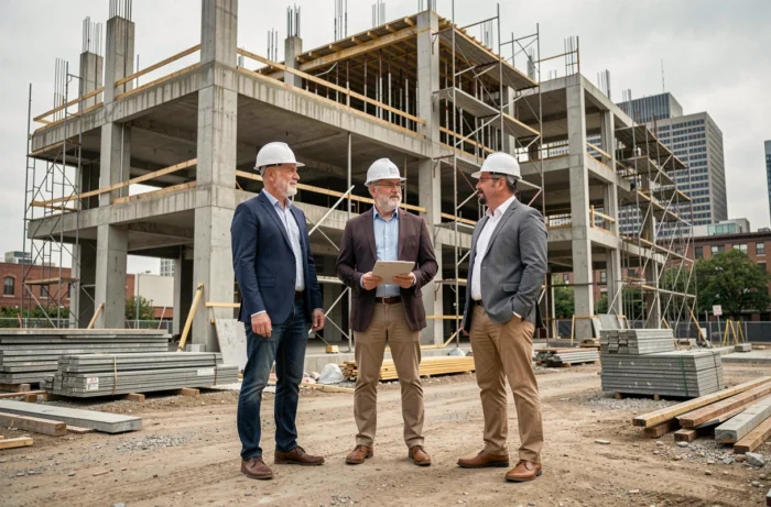 Équipe de professionnels de l'immobilier évaluant un chantier de construction pour la sélection d'un projet immobilier