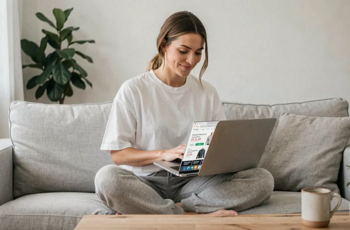 Femme qui compare des prix de vêtements en ligne sur un ordinateur portable depuis son canapé