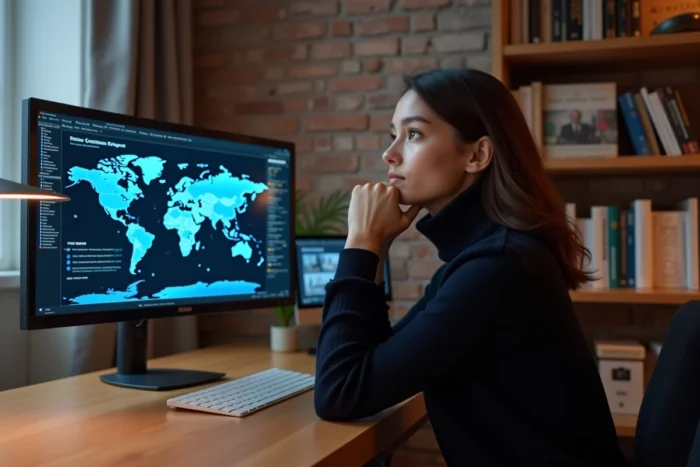 Jeune femme analysant l'actualité internationale sur un écran de données géopolitiques depuis son bureau