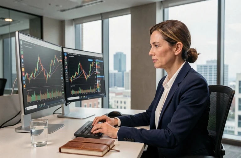 Femme professionnelle analysant des graphiques boursiers sur un écran d'ordinateur dans un bureau moderne en 2024