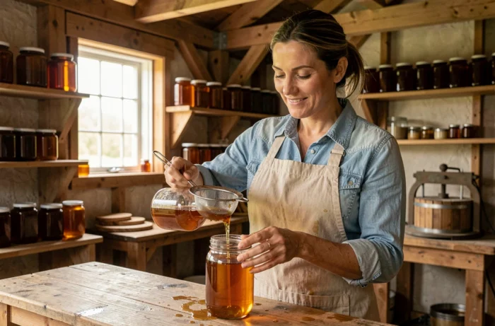 Femme apicultrice filtrant du miel frais dans des bocaux en verre dans un atelier d'extraction artisanale