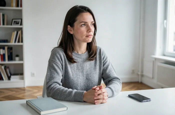 Femme pensive et sereine dans son appartement, illustrant la gestion de la vie privée et des rumeurs avec discrétion