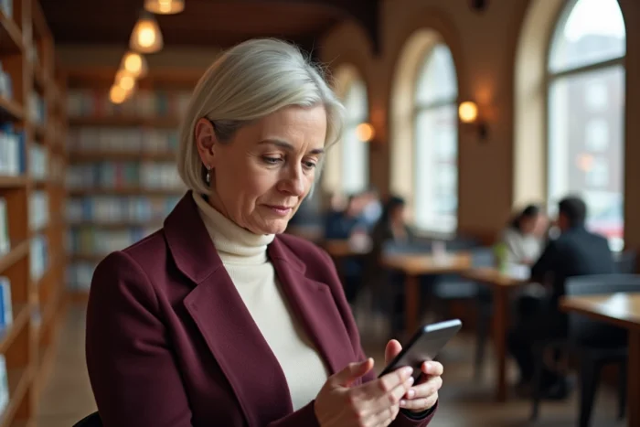 Femme consultant une application de réseau professionnel sur smartphone dans une bibliothèque pour optimiser sa recherche d'emploi