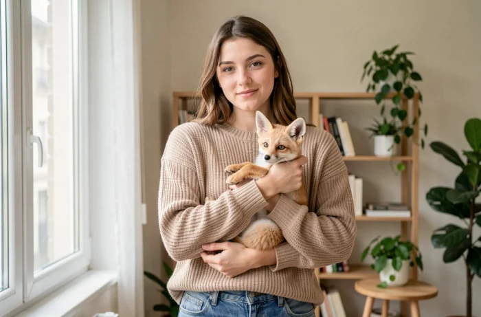 Femme française tenant un fennec apprivoisé dans ses bras dans un appartement moderne et lumineux