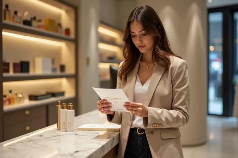 Femme tenant un bon d'achat Galeries Lafayette au comptoir de caisse d'un grand magasin élégant