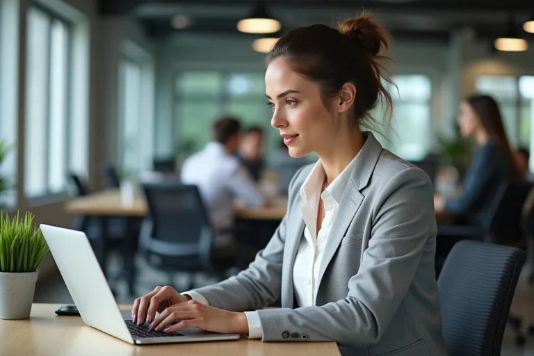 Femme professionnelle accédant à une application de gestion de documents sur son ordinateur portable dans un bureau moderne