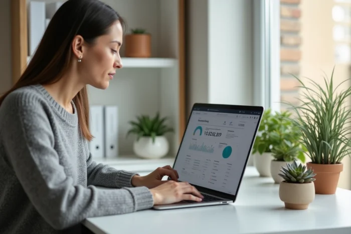 Femme travaillant depuis son bureau à domicile avec une connexion internet haut débit exclusive