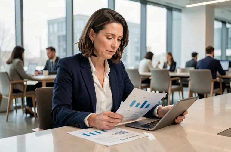 Femme cadre en réunion d'affaires B2B analysant des rapports de tendances 2024 dans un bureau moderne