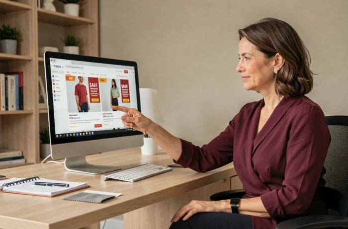 Femme qui compare des boutiques de vêtements en ligne sur un ordinateur de bureau pour trouver les meilleures offres