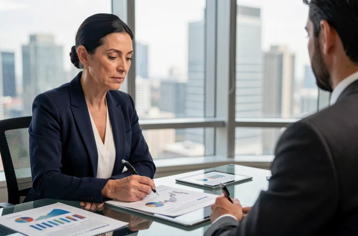 Femme d'une cinquantaine d'années en réunion avec un conseiller financier pour préparer sa retraite