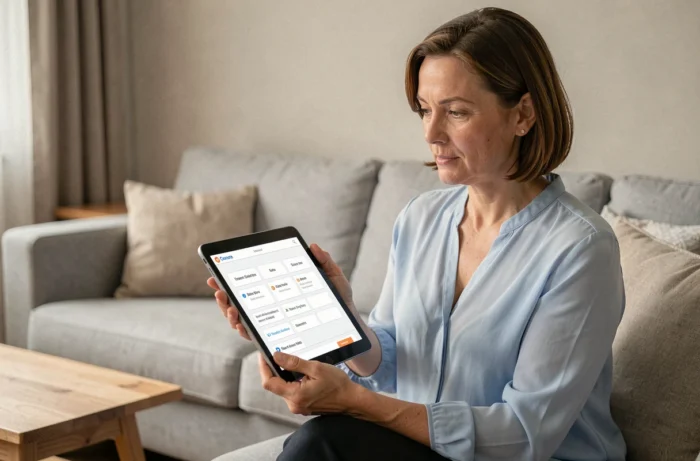 Femme consultant le plan de site d'une application sur une tablette dans un salon moderne