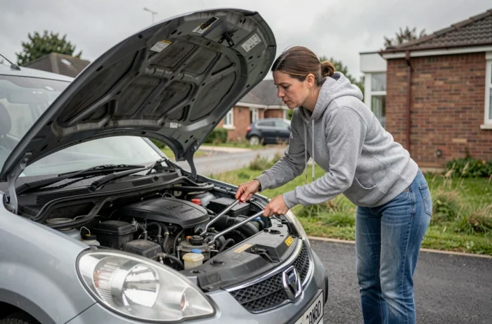 Femme tentant de débloquer un démarreur collé sous le capot d'une voiture dans une allée résidentielle