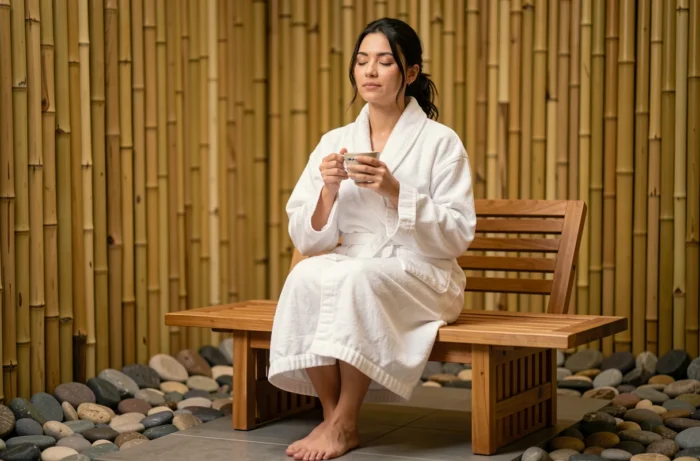 Femme en peignoir blanc savourant une tisane dans un espace de détente spa naturiste à Paris avec décor en bambou et galets