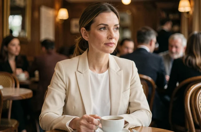 Femme élégante et sereine dans un café parisien, incarnant la discrétion et la confiance face aux rumeurs médiatiques