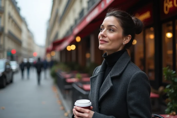 Femme élégante sur un trottoir parisien en automne tenant un café, symbolisant la curiosité des internautes pour la vie privée des personnalités médiatiques