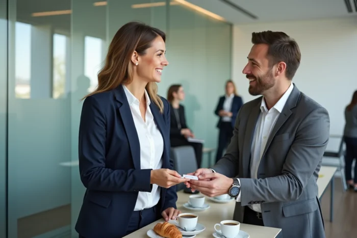 Femme entrepreneur échangeant une carte de visite lors d'un petit-déjeuner networking professionnel en France