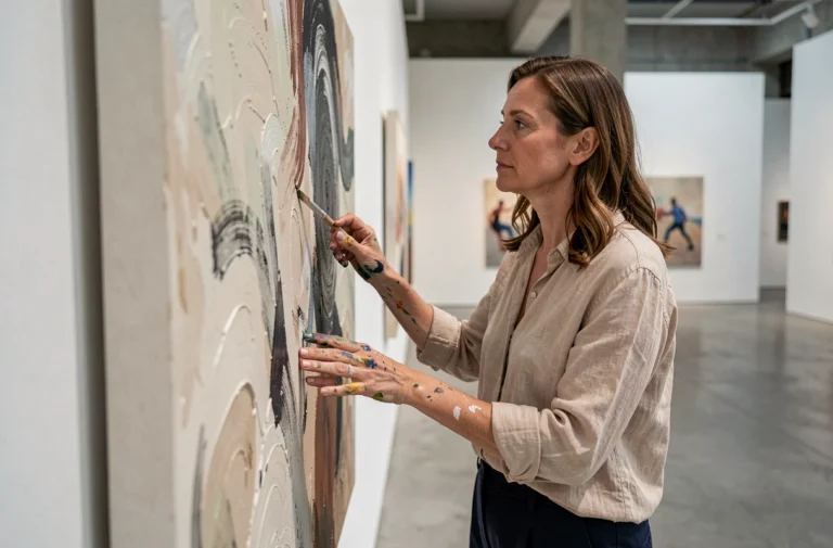 Femme contemplant une œuvre d'art abstraite dans une galerie d'art contemporain aux murs blancs et sols en béton poli