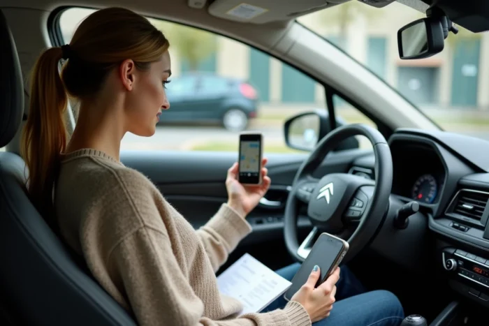 Femme consultant un GPS monté sur le pare-brise de sa Citroën C3 Aircross 2025 garée en ville