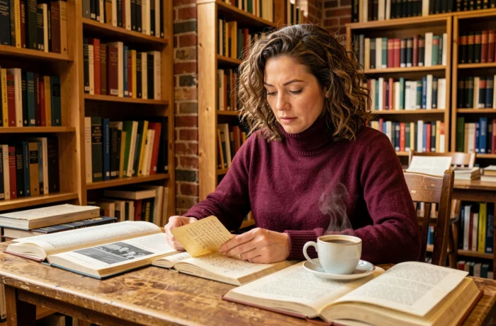Femme intellectuelle lisant une revue engagée dans une librairie indépendante entourée de livres de philosophie