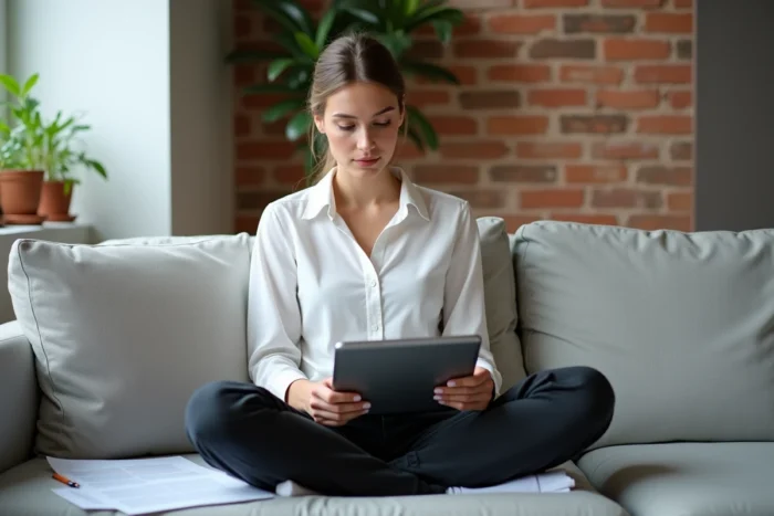 Jeune femme lisant un blog de simplification du droit public sur une tablette depuis son domicile