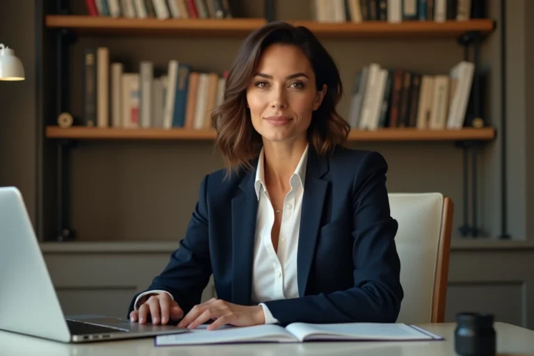 Femme journaliste française confiante assise à son bureau dans un studio professionnel, illustrant la vie publique de Charlotte d'Ornellas