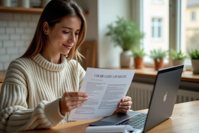 Femme lisant les conditions d'utilisation d'un bon d'achat Galeries Lafayette à la maison devant son ordinateur