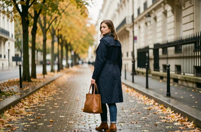 Femme marchant seule sur un trottoir parisien en automne, symbolisant la préservation de la vie privée face à la pression médiatique