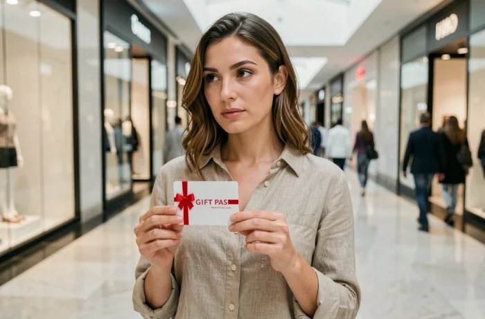 Femme utilisant un pass multi-cadeaux dans un centre commercial moderne