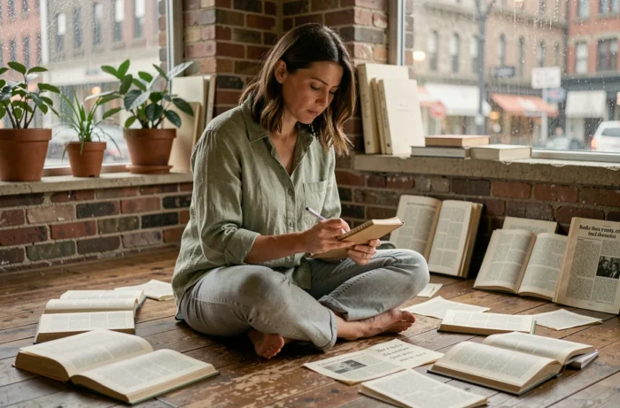 Femme lisant un recueil de poésie entourée de livres et de journaux dans un appartement urbain contemporain