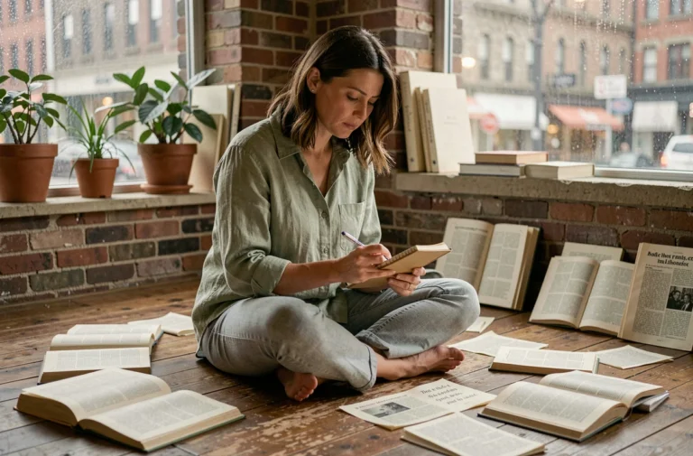 Femme lisant un recueil de poésie entourée de livres et de journaux dans un appartement urbain contemporain