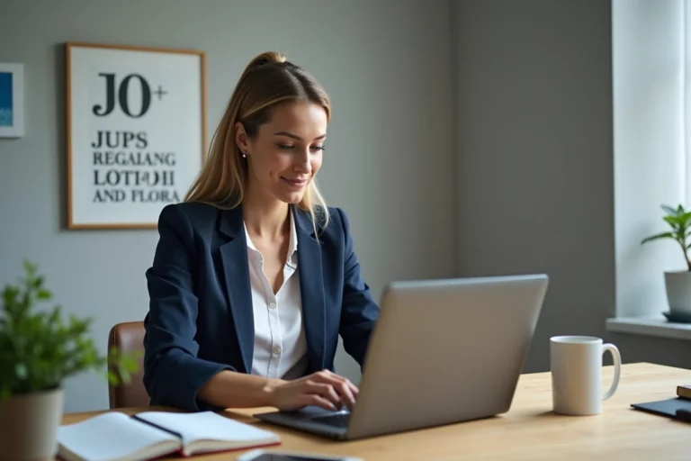 Femme utilisant un ordinateur portable pour rechercher des offres d'emploi en ligne depuis son bureau à domicile