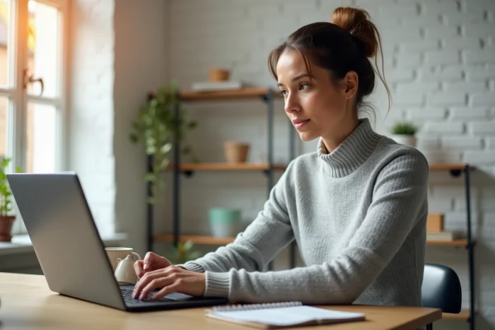 Femme travaillant sur son ordinateur portable pour développer ses revenus en ligne depuis son bureau à domicile