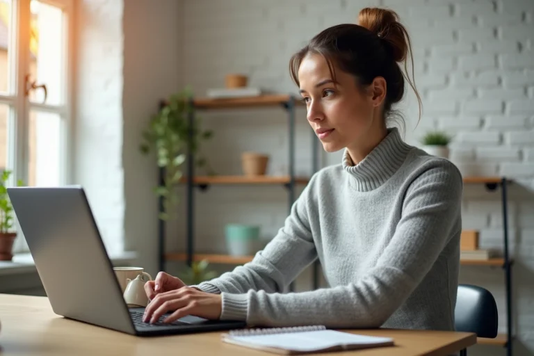 Femme travaillant sur son ordinateur portable pour développer ses revenus en ligne depuis son bureau à domicile